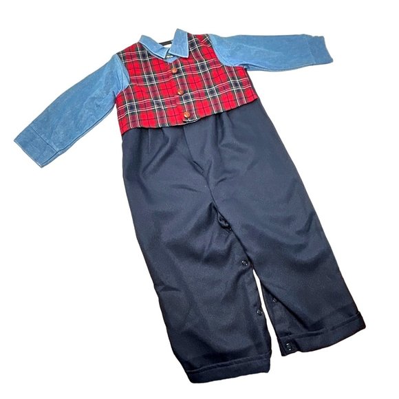 Boys 1 Piece Outfit - Navy Blue, Light Blue, & Red Plaid - Size 24 M - Picture 3 of 8